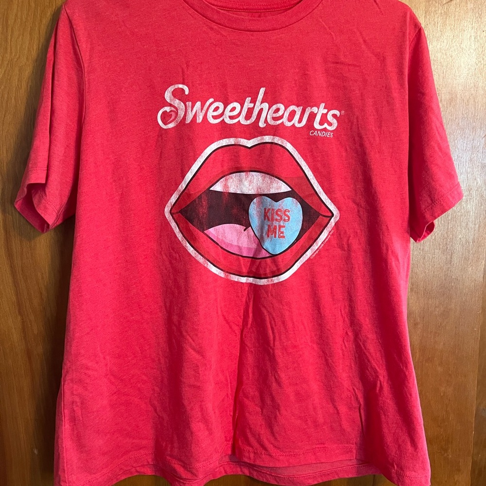 Red Short Sleeve Tee with Graphic Print and Cursive Text